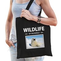 Zeehond tasje zwart volwassenen en kinderen - wildlife of the world kado boodschappen tas - thumbnail