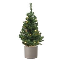 Volle mini kerstboom groen in jute zak met verlichting 60 cm en taupe pot - thumbnail