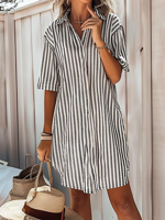 Women's Half Sleeve Summer Black Striped Shirt Collar Going Out Casual Midi A-Line Dress - thumbnail