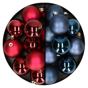 24x stuks kunststof kerstballen mix van donkerrood en donkerblauw 6 cm