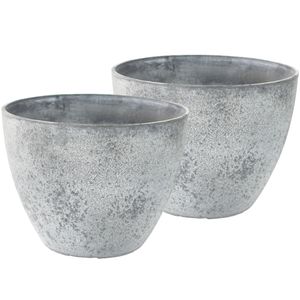 Set van 2x stuks bloempotten/plantenpotten van gerecycled kunststof betongrijs D22 en H17 cm