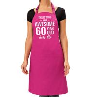Cadeau schort voor dames - awesome 60 year - roze - keukenschort - verjaardag - 60 jaar   - - thumbnail
