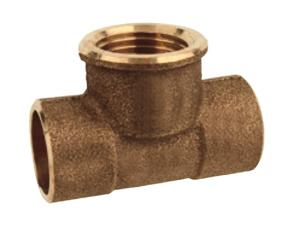Kirchhoff Rood messing T overgangsstuk, blank, 15 mm x 1/2"H x 15 mm, 2 sockets (4130g) - 989052017