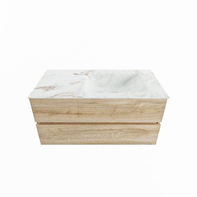 MONDIAZ VICA-DLUX 100cm badmeubel onderkast Washed Oak 2 lades. Inbouw wastafel CLOUD rechts zonder kraangat, kleur Frappe.