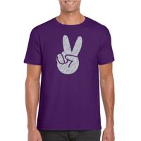 Paars Flower Power t-shirt zilveren glitter peace hand heren 2XL  -