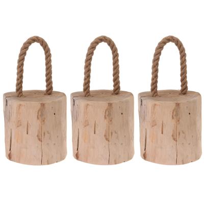 Deurstopper Boomstam - 3x - teak hout - met draagtouw - 14 cm - natuurlijk wonen