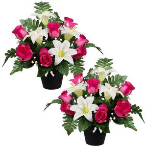 Kunstbloemen boeket lelie/roos in pot - 2x - wit/cerise - H30 cm - Bloemstuk - Bladgroen