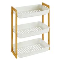 Badkamer douche rekje - 3 laags - recht model - wit - kunststof/bamboe - 35 x 20 x 45 cm