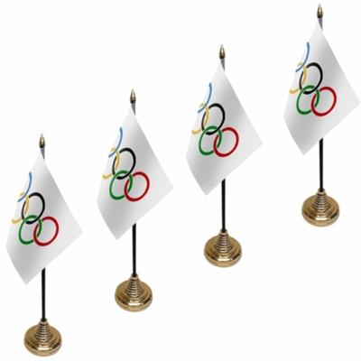 4x stuks olympische Spelen tafelvlaggetjes - 10 x 15 cm - met gouden standaard - versiering