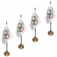 4x stuks olympische Spelen tafelvlaggetjes - 10 x 15 cm - met gouden standaard - versiering