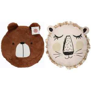 Dieren sierkussen set kinderkamer - bruine beer/leeuw - 27/38 cm - polyester