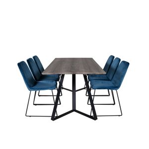 MarinaGRBL eethoek eetkamertafel el hout decor grijs en 6 Muce eetkamerstal velours blauw.