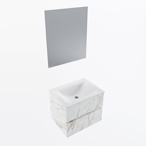 MONDIAZ VICA 60cm badmeubel onderkast Carrara 2 lades. Wastafel CLOUD midden zonder kraangat, kleur Talc met spiegel LED.