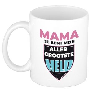 Mama je bent mijn allergrootste held cadeau mok / beker wit met schild 300 ml   -