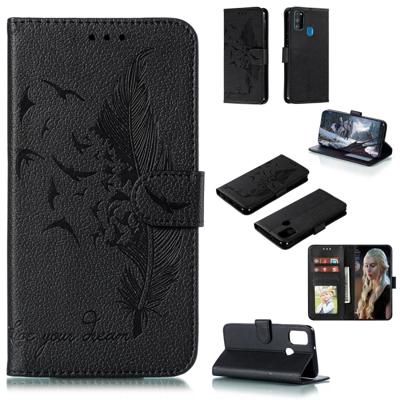 Voor Galaxy M30s Feather patroon Litchi textuur horizontale Flip lederen draagtas met houder & portemonnee & kaartsleuven (zwart)