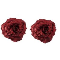 2x Kerstversieringen glitter roos rood op clip 18 cm - Kersthangers