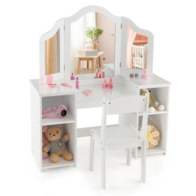 2-In-1 Make-Uptafel voor Kinderen Bureau met Stoel en Afneembare Spiegel Kaptafel voor Meisjes met Vakken Make-Upcommode (Wit)