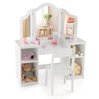 2-In-1 Make-Uptafel voor Kinderen Bureau met Stoel en Afneembare Spiegel Kaptafel voor Meisjes met Vakken Make-Upcommode (Wit)