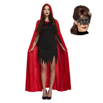 Carnaval gemaskerd bal verkleed set - Oogmasker zwart - Lange cape met capuchon rood - dames