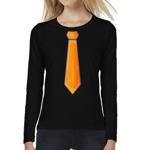 Verkleed shirt voor dames - stropdas oranje - zwart - carnaval - foute party - longsleeve