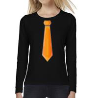 Verkleed shirt voor dames - stropdas oranje - zwart - carnaval - foute party - longsleeve - thumbnail