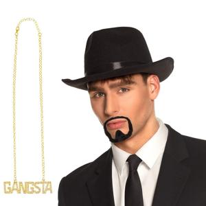 Gangster verkleed set - 3 delig - heren - zwarte hoed - ketting Gangsta - nep snor/baard