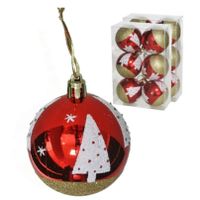 Gedecoreerde kerstballen - 12x st - 6 cm - kunststof - rood met kerstboom