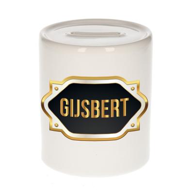 Spaarpot met voornaam Gijsbert - wit - goud/zwart embleem - 8 x 9 cm - keramiek - afsluitdop