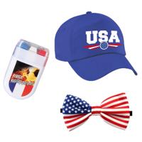 USA / Amerika supporters set - baseballcap blauw - vlag schminkstift - strikje - volwassenen