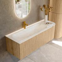 Badmeubel Mondiaz Kurve-Dlux | 135 cm | Meubelkleur Oak | Wastafelkleur Ostra | Solid surface | Links spoelbak | 1 kraangat