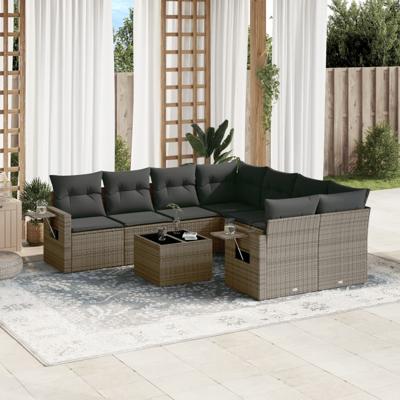 9-delige Loungeset met kussens poly rattan grijs