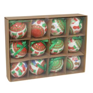 Gedecoreerde kerstballen - 12x stuks - 7,5 cm - rood/groen/wit - kunststof