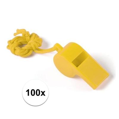 Fluitjes van kunststof - Multipack van 100x stuks - geel - aan koordje - herrie maken - sport