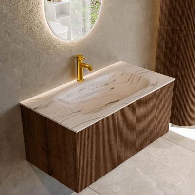 Badmeubel Mondiaz Kurve-Dlux | 90 cm | Meubelkleur Walnut | Wastafelkleur Nata | Solid surface | Wasbak midden spoelbak | 1 kraangat