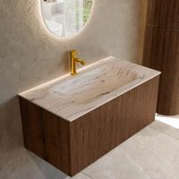 Badmeubel Mondiaz Kurve-Dlux | 90 cm | Meubelkleur Walnut | Wastafelkleur Nata | Solid surface | Wasbak midden spoelbak | 1 kraangat