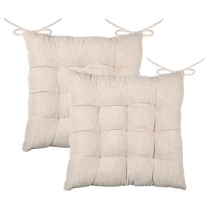 Stof Textile stoelkussen Dandy - 2x - creme beige - 38 x 38 x 5 cm - touwtjes sluiting - ribcord