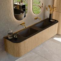Mondiaz KURVE 180 cm Onderkast Greeploos 2 Lades Met Deuren Oak, Wastafel Solid Surface Dubbel Urban 0 Kraangaten Zonder Spiegel (KRVCLO180L+R2L2D0KD-Oak/Urb)
