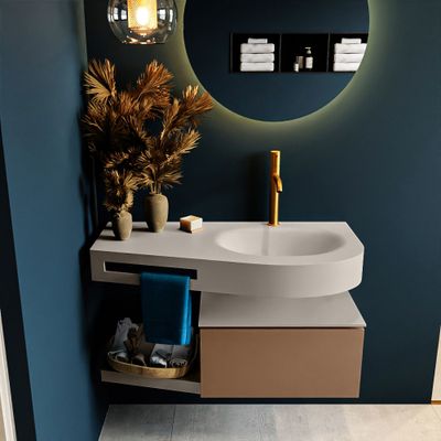 MONDIAZ RIVA 100cm badmeubel onderkast / planchet kleur Rust met 1 lade. Wastafel DULCET rechts 1 kraangat kleur Linen.