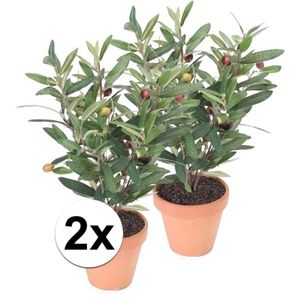 2x Kunstplant olijfboompje groen in terracotta pot 35 cm