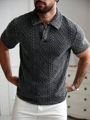 Bon&Bon Men's Geometric Textured Short Sleeve Polo Shirt - Black Black / S