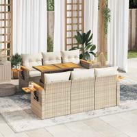 7-delige Loungeset met kussens poly rattan acacia beige