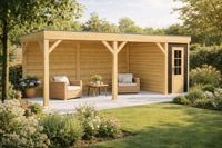 Blokhut Sneek 200x300 cm met overkapping 600x300 cm Douglas blank met vuren rabat wanden zwart (Incl. EPDM)- - - Van Kooten