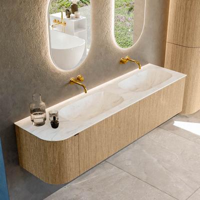 Badmeubel Mondiaz Kurve-Dlux | 175 cm | Meubelkleur Oak | Wastafelkleur Ostra | Solid surface | Dubbele spoelbak | Zonder kraangat(en)