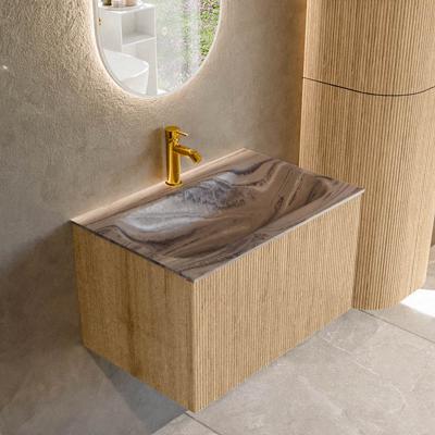 Badmeubel Mondiaz Kurve-Dlux | 70 cm | Meubelkleur Oak | Wastafelkleur Sombra | Solid surface | Wasbak midden spoelbak | 1 kraangat