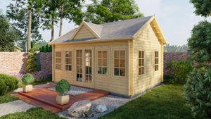 Blokhut Clockhouse Trevor 70 mm 550x400 cm - Red class wood geïmpregneerd- Zadeldak- Geïmpregneerd vurenhout- Tuindeco