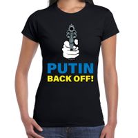 Putin back off / pistool t-shirt zwart dames - Oekraine shirt met Oekraiense vlag in letters - thumbnail