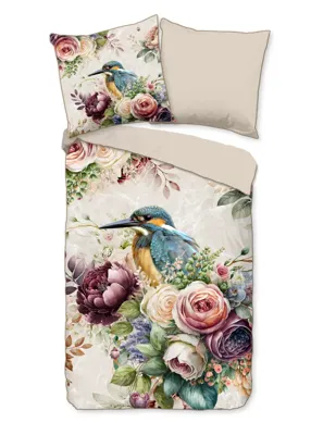 Descanso Dekbedovertrek "bloemen en vogels" - Zand - (155x220 cm) - Katoen Satijn