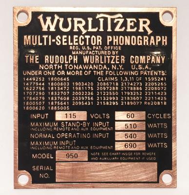 Wurlitzer 950 Brass Typeplaatje Achterzijde Jukebox