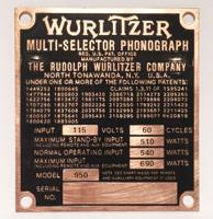 Wurlitzer 950 Brass Typeplaatje Achterzijde Jukebox
