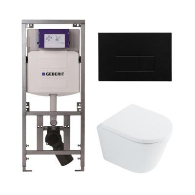QeramiQ Dely Toiletset - 36.3x51.7cm - diepspoel - rimless - Geberit UP320 Burda inbouwreservoir - softclose toilet zitting 35 mm - kunstof mat zwarte bedieningsplaat - rechthoekige knoppen - wit glans SW1026255 / SW1159505/0701131/SW706189